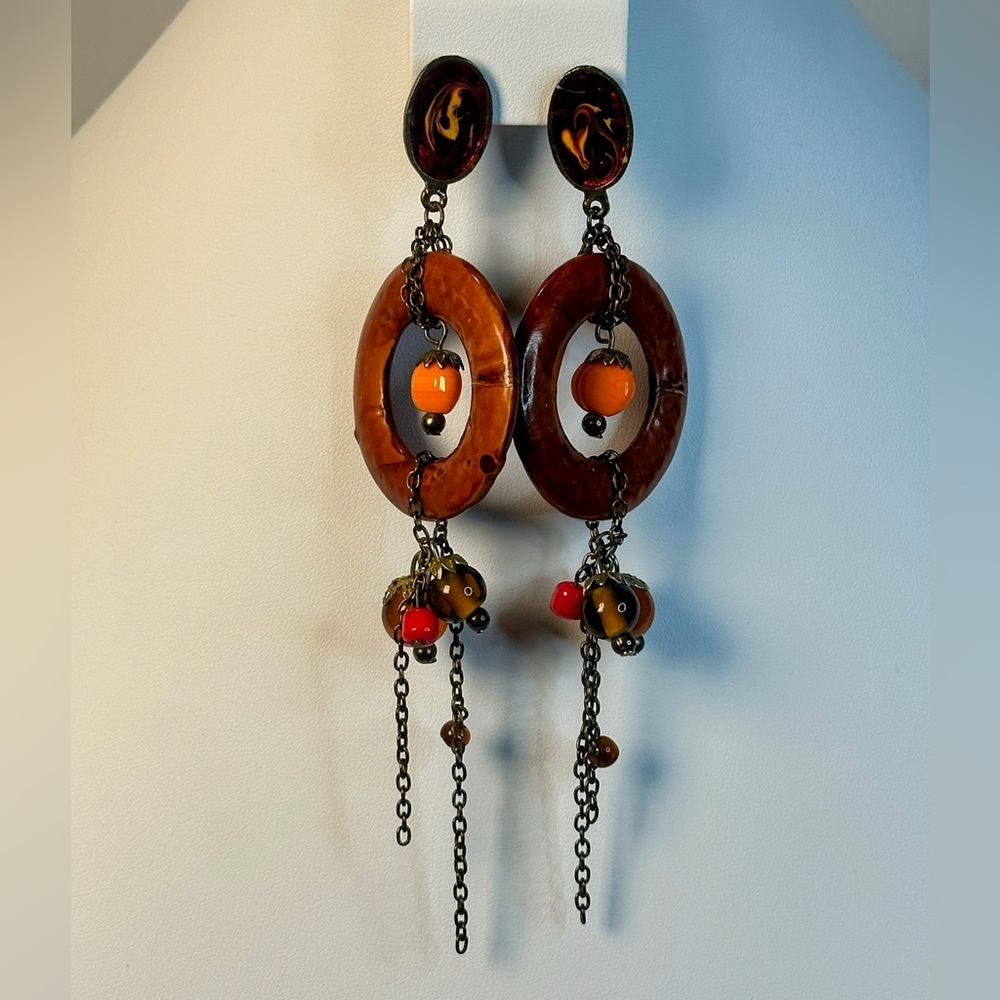 Women’s Brown and Orange Dangle Earrings - Picture 4 of 9